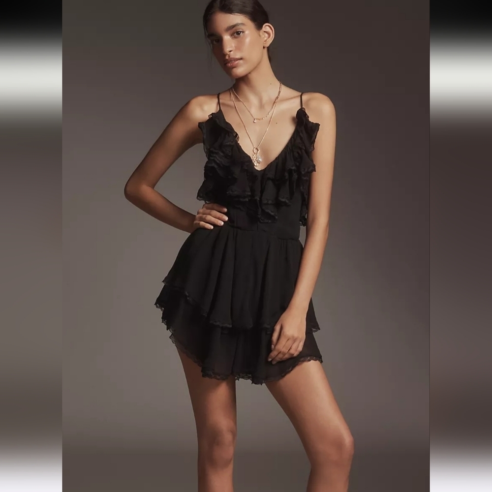 MAEVE by Anthropologie Scoop-Neck Frilly Ruffled Romper. Black. XS NWT